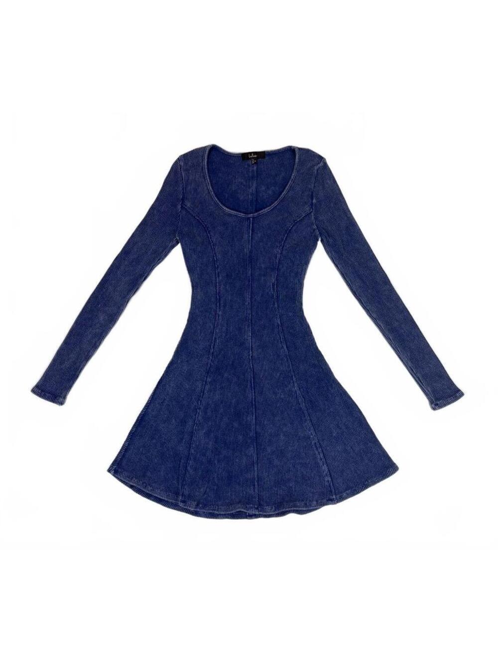 Skater Lulus Pristine Cuteness Blue Ribbed Mini Dress M Long Sleeve Fit & Flare